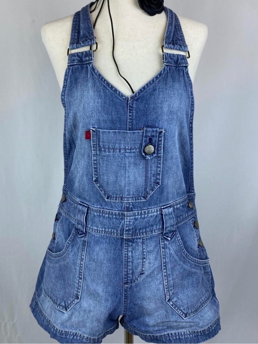 90s Vintage halter jean Overalls Romper - Blue